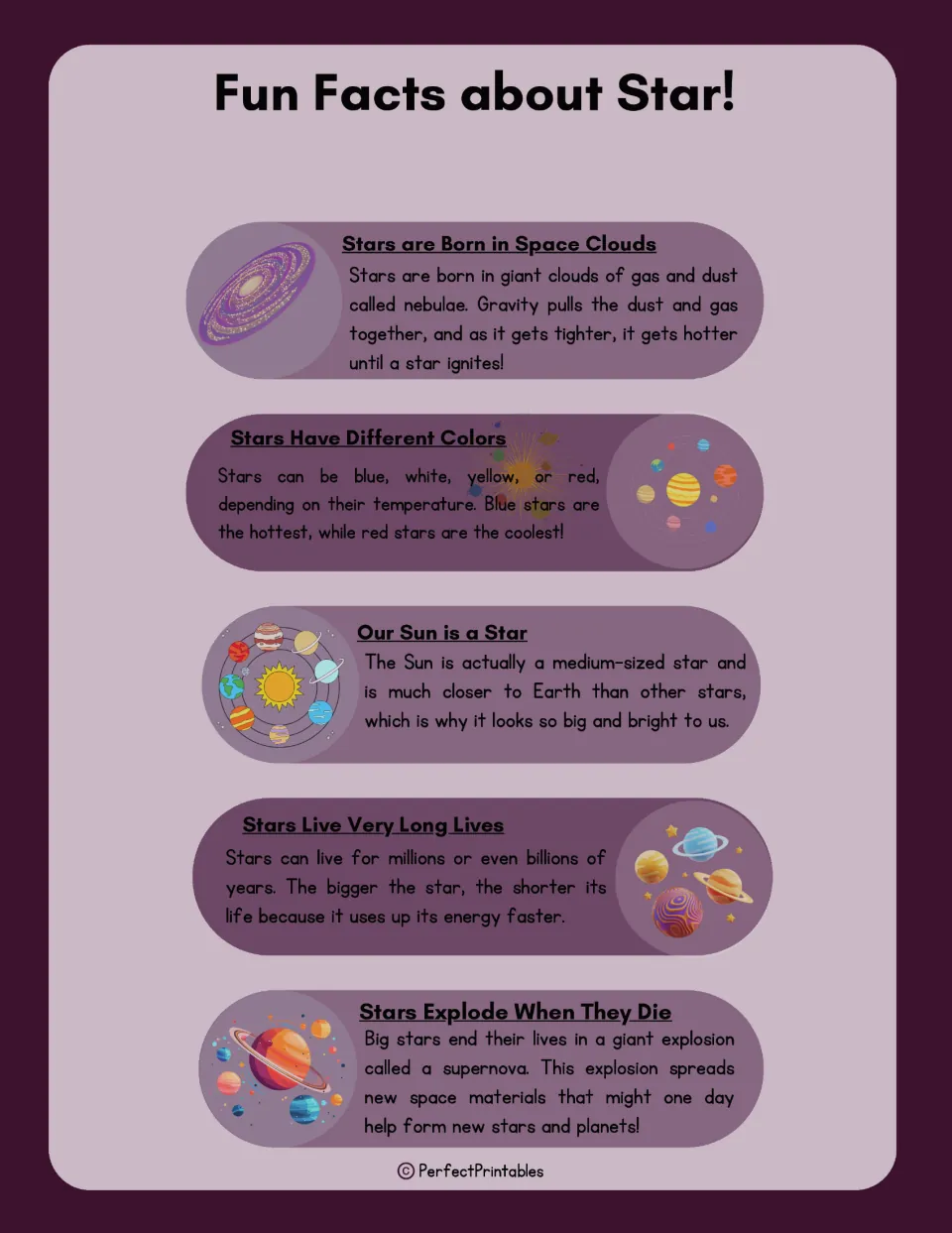 Fun Facts about Star!: five short facts on star birth in nebulae, star colors, our Sun, long lifespans and supernovas