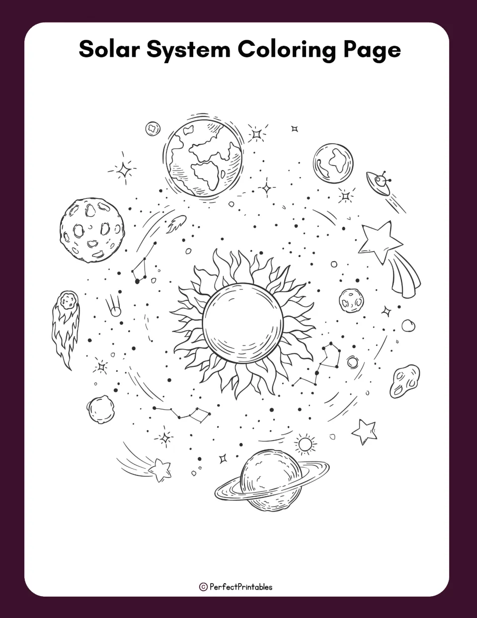Solar System Coloring Page: line drawing of the Sun at the center with Earth, a ringed planet, comets and constellations