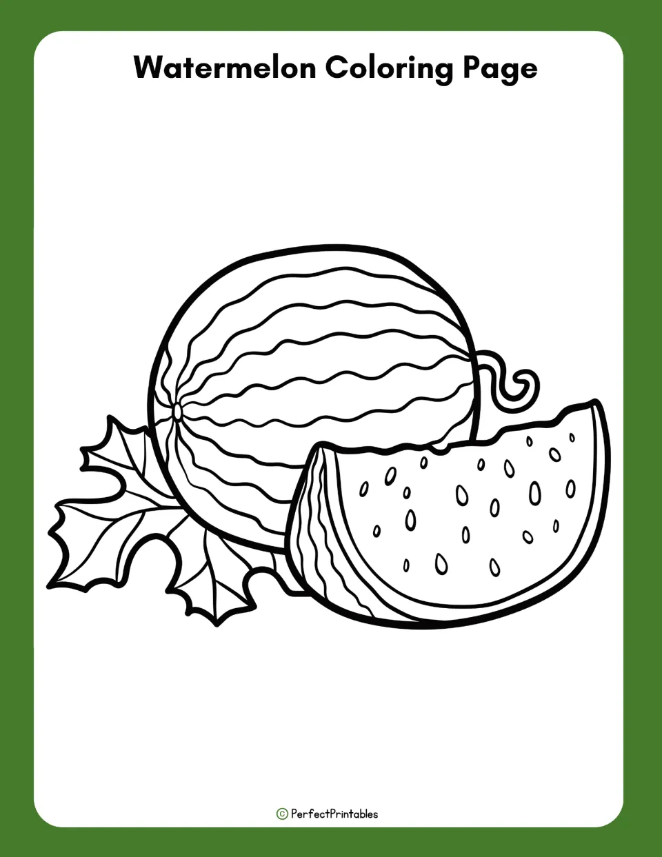 Watermelon coloring page: students color an outline drawing of a whole striped melon, a seeded slice and leaves