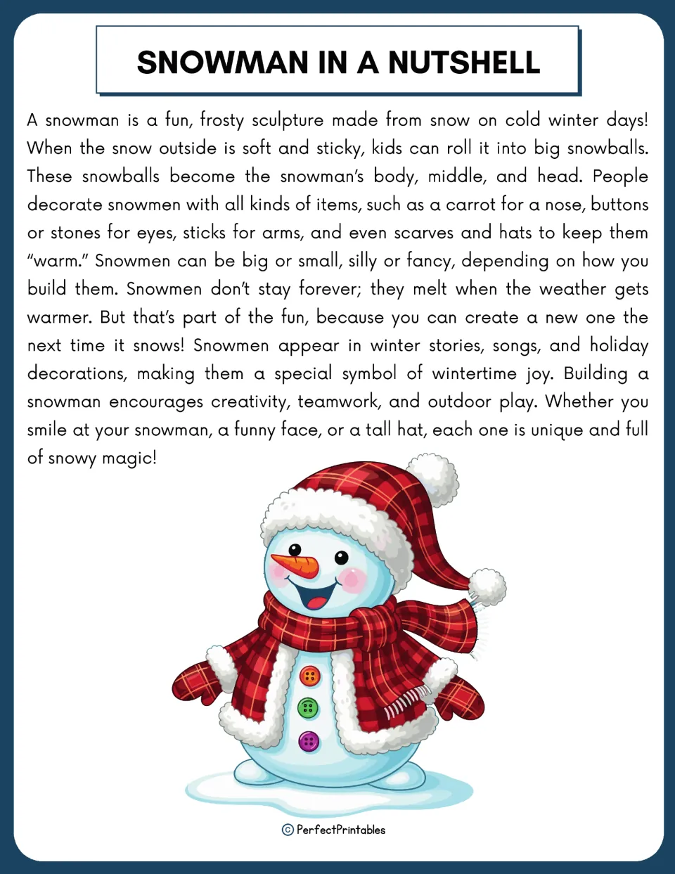 Snowman in a Nutshell reading passage on how snowmen are rolled, stacked, decorated and melt, with a plaid-hat snowman