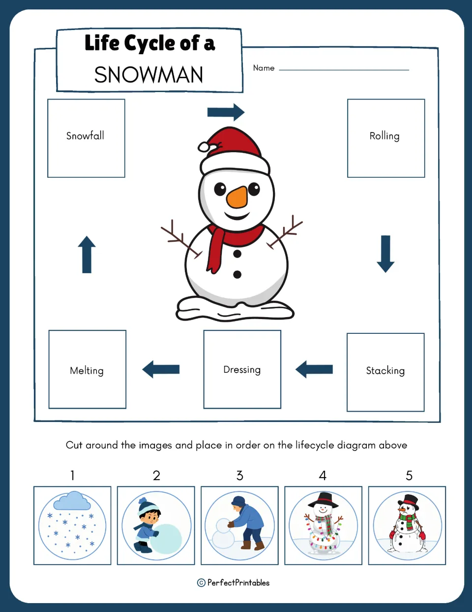 Life cycle sequencing: students cut out five stage pictures and place them in order on the snowfall-to-melting diagram