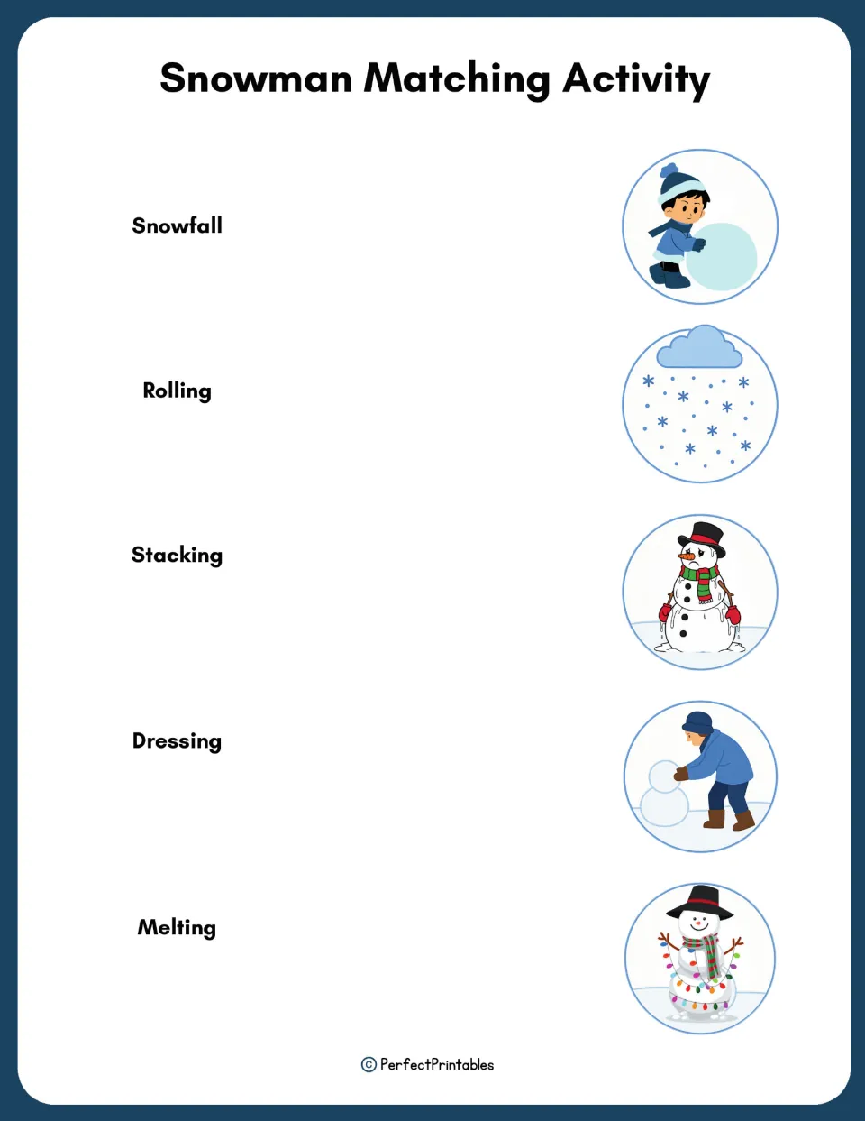 Snowman stage matching: students match snowfall, rolling, stacking, dressing and melting to shuffled pictures