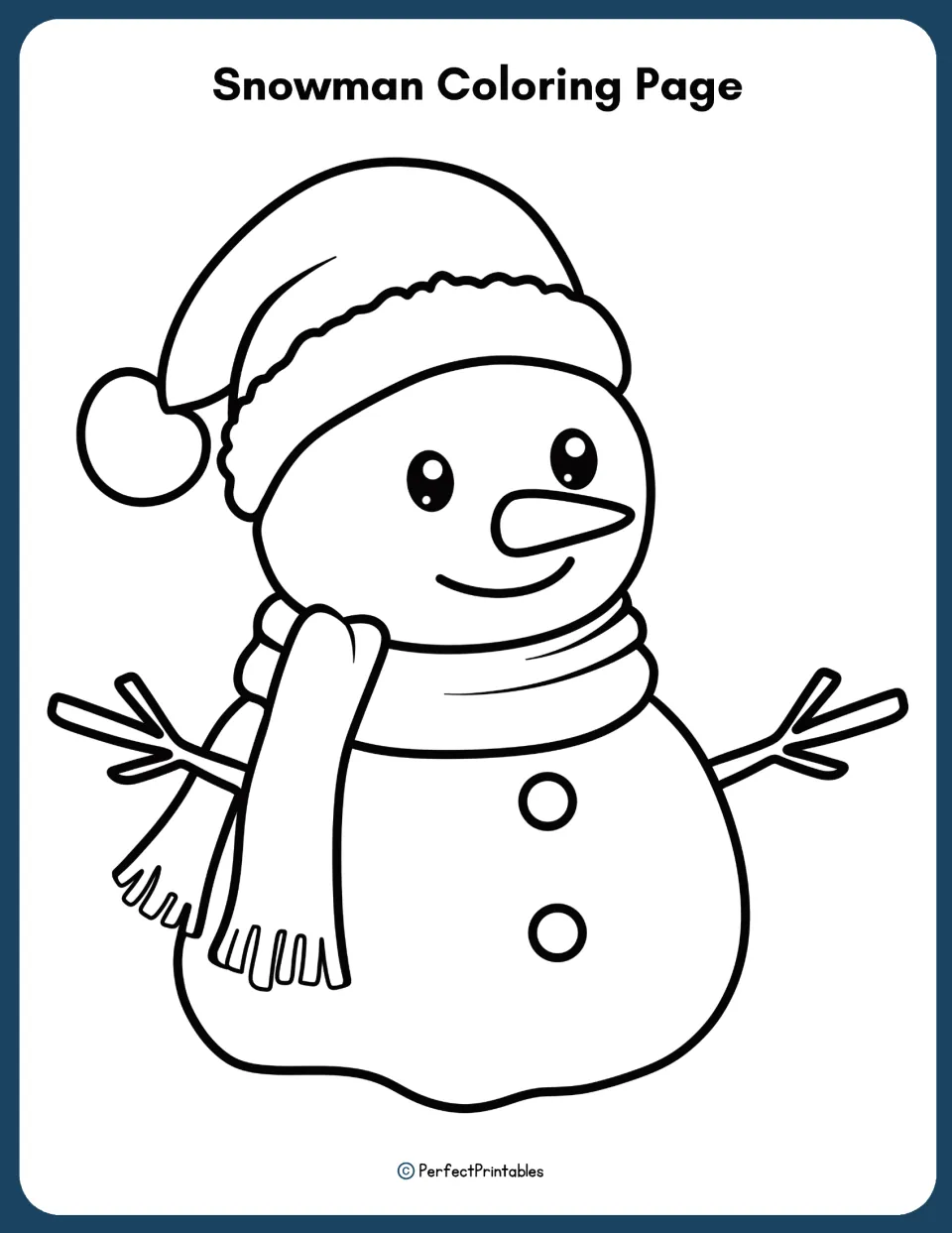 Snowman coloring page: a line drawing of a smiling snowman in a Santa hat and scarf with stick arms for students to color