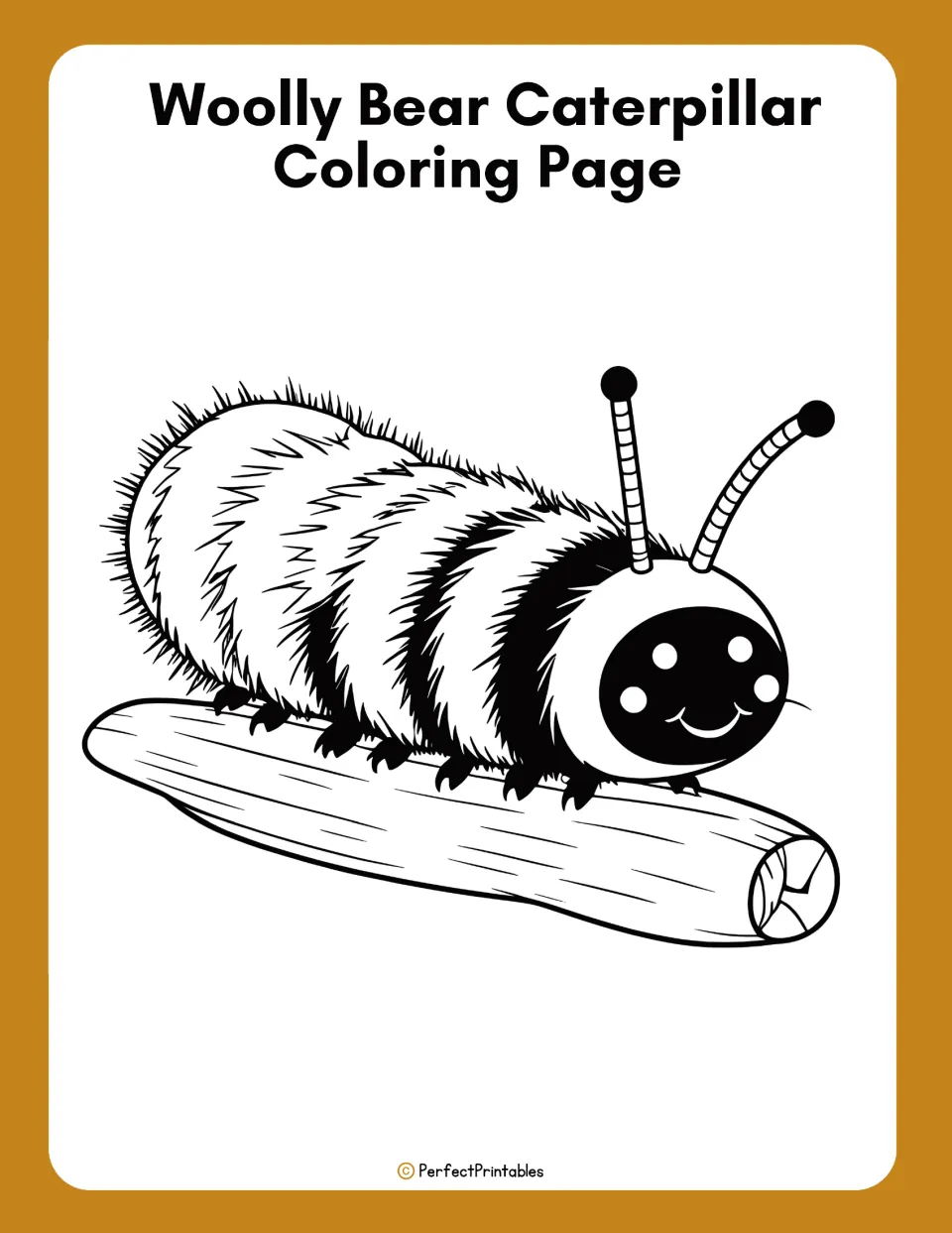 Woolly bear caterpillar coloring page: a smiling cartoon caterpillar with fuzzy bands resting on a log for students to color