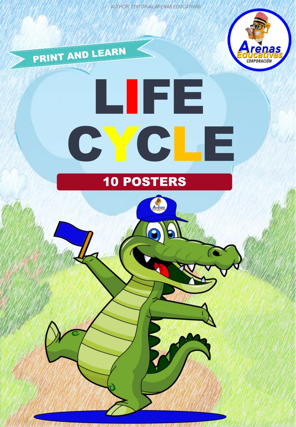 Cover for a Life Cycle set of 10 posters marked Print and Learn, with a cartoon crocodile in a cap waving a blue flag