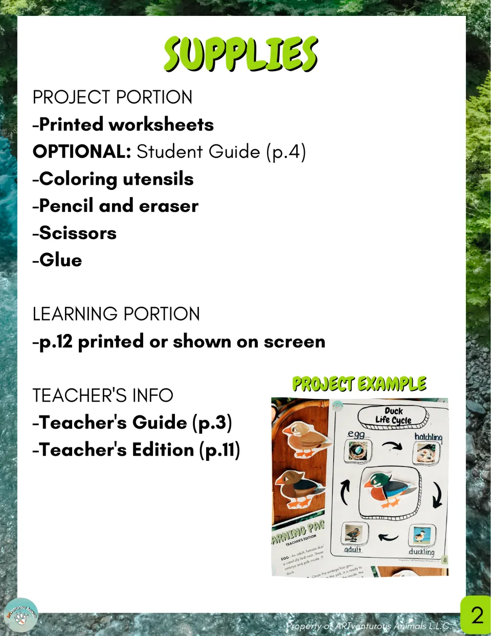 Supplies list for the duck project: worksheets, coloring tools, pencil, scissors and glue, plus a finished project photo