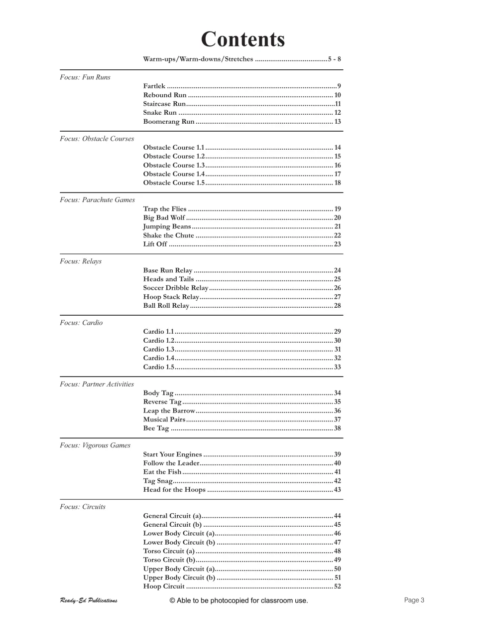 Contents for the activity book: warm-ups, fun runs, obstacle courses, parachute games, and five more sections