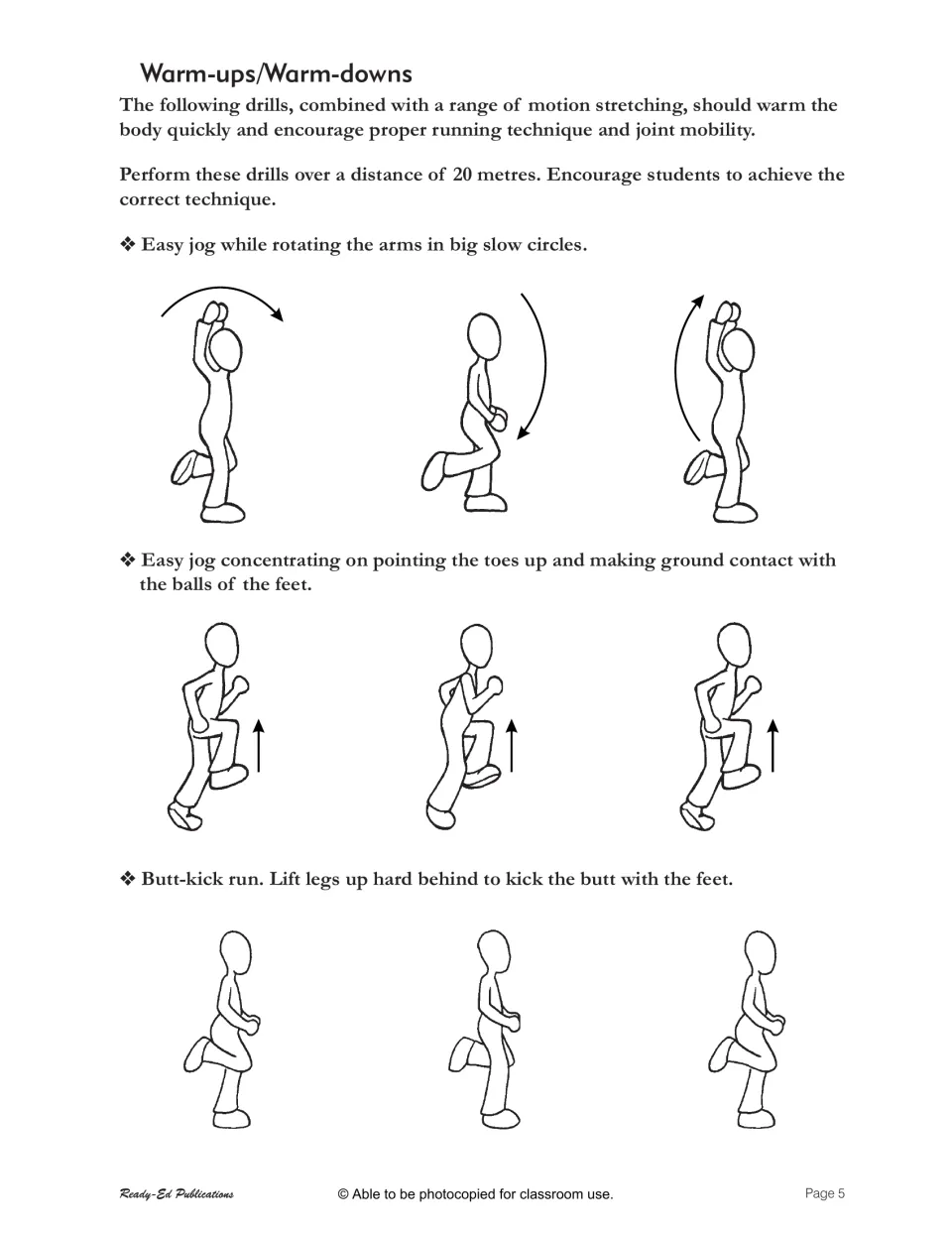 First warm-up guide shows jogging with arm circles, jogging with toes pointing up, and a butt-kick run
