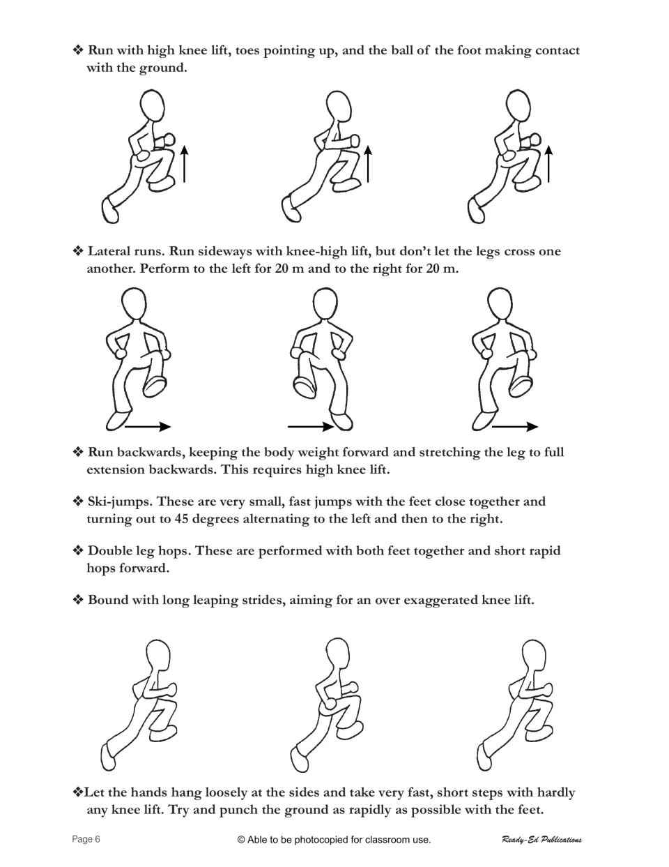 Warm-up guide continues with high-knee runs, lateral runs, backward runs, ski jumps, and three more drills