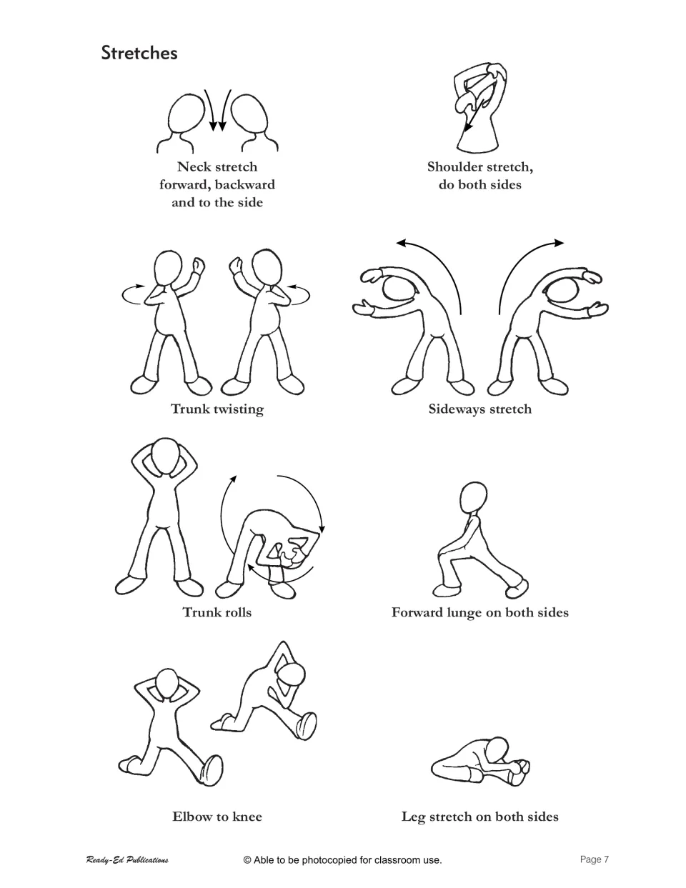 First stretching guide illustrates neck and shoulder stretches, trunk twists, side stretches, and four more