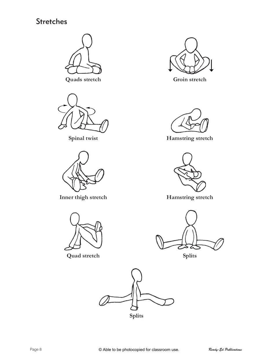 Second stretching guide illustrates quad, groin, hamstring, and inner thigh stretches, spinal twists, and splits