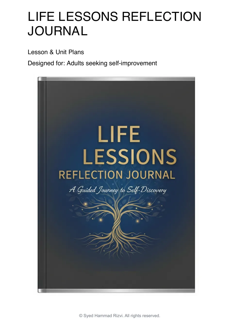 Life Lessons Reflection Journal cover: lesson and unit plans for adults seeking self-improvement, with a gold tree