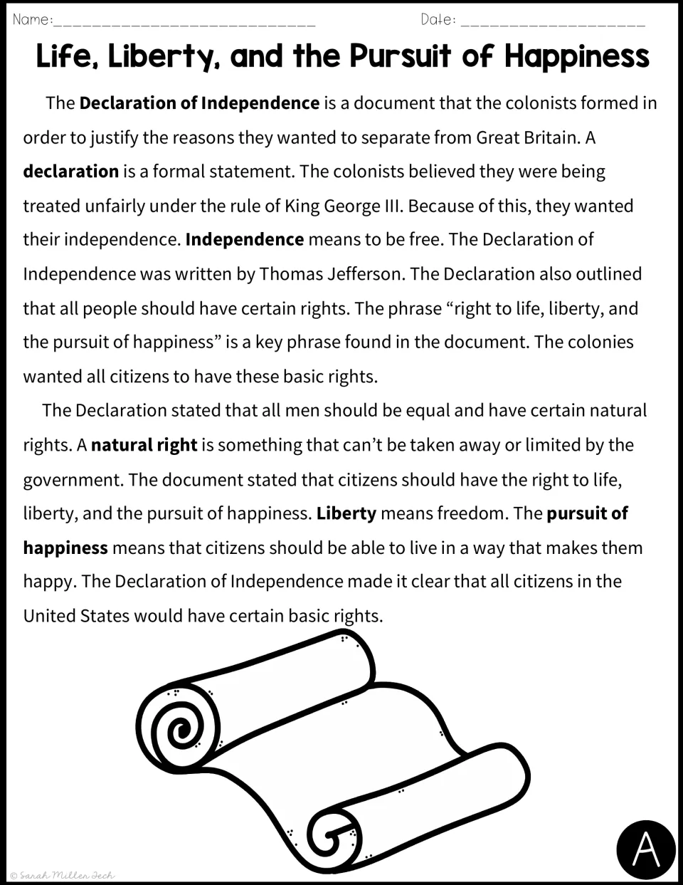 Reading passage A explains the Declaration of Independence, natural rights, liberty, and pursuit of happiness