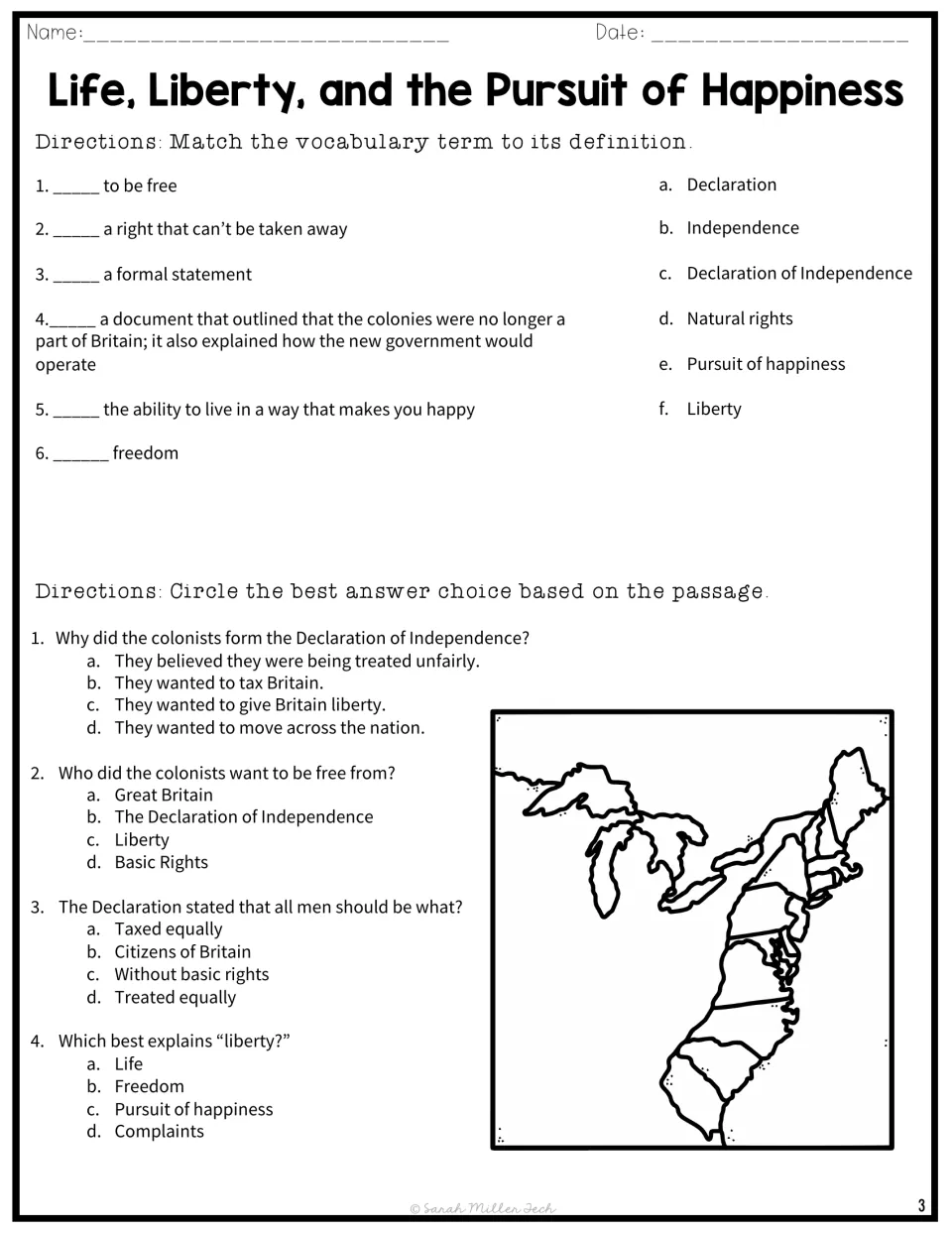 Vocabulary matching and questions 1–4 review independence, natural rights, the Declaration, and liberty