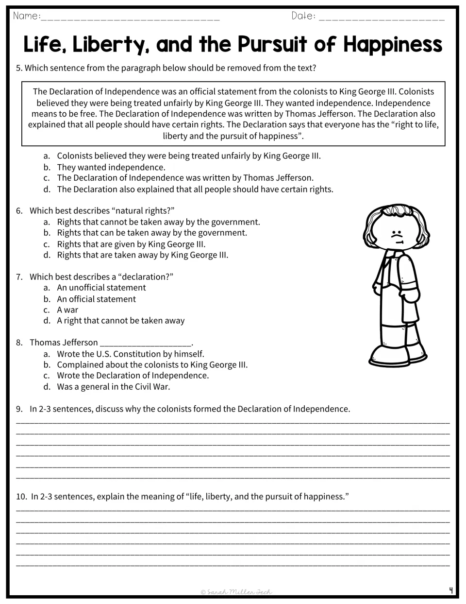Questions 5–10 cover sentence removal, natural rights, Thomas Jefferson, and two written responses
