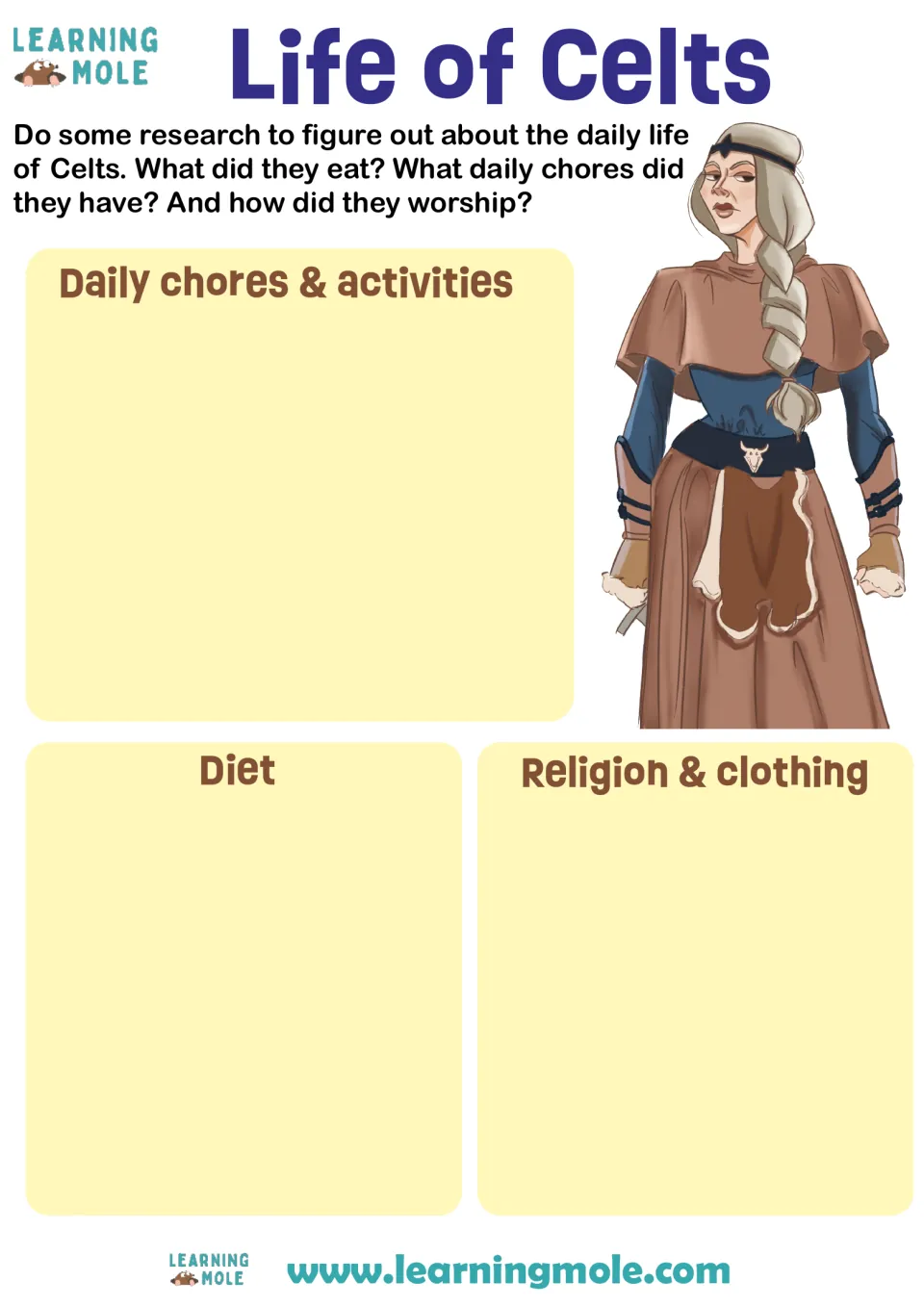 Celtic daily life research: students note Celts' daily chores and activities, diet, and religion and clothing
