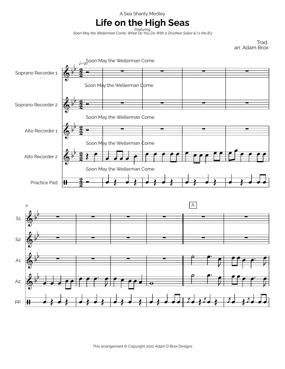Life on the High Seas score, bars 1-10: Wellerman intro with Alto Recorder 2 melody and Practice Pad beat, rehearsal A