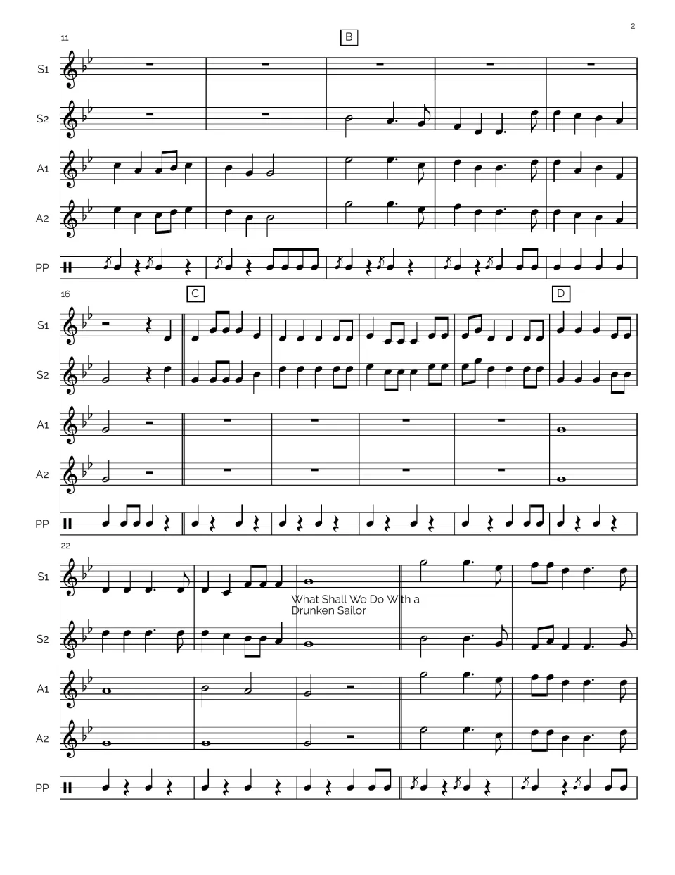 Full score, bars 11-26: Wellerman melody passes between recorder parts at B, C and D, then Drunken Sailor begins