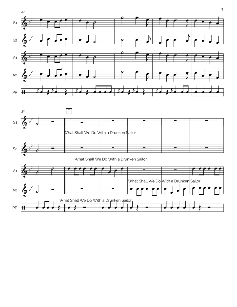 Full score, bars 27-37: Drunken Sailor tune in all four recorders, then a staggered entry for altos and pad at E