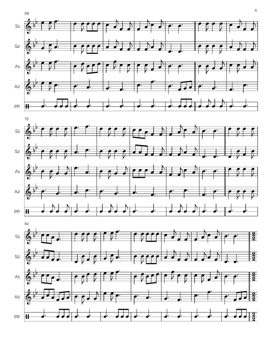 Full score, bars 68-88: I's the B'y in 6/8 with dotted rhythms for all parts, ending on a switch back to 2/2