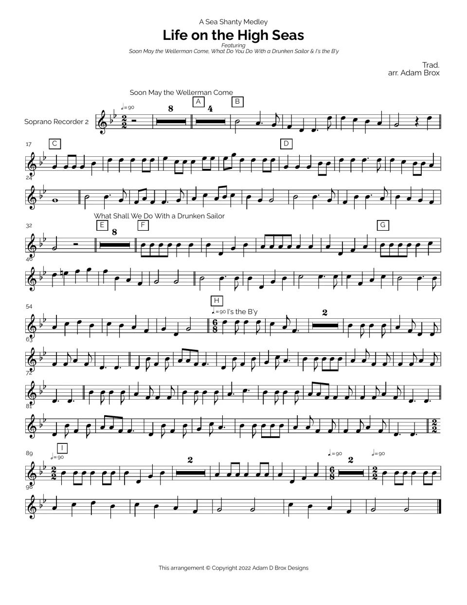 Soprano Recorder 2 part: all three shanties on one page, opening with long rests before the Wellerman tune at B