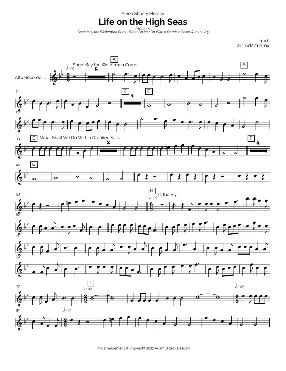 Alto Recorder 1 part: Wellerman melody from A, Drunken Sailor at E, I's the B'y in 6/8 at H and the 2/2 finale at I