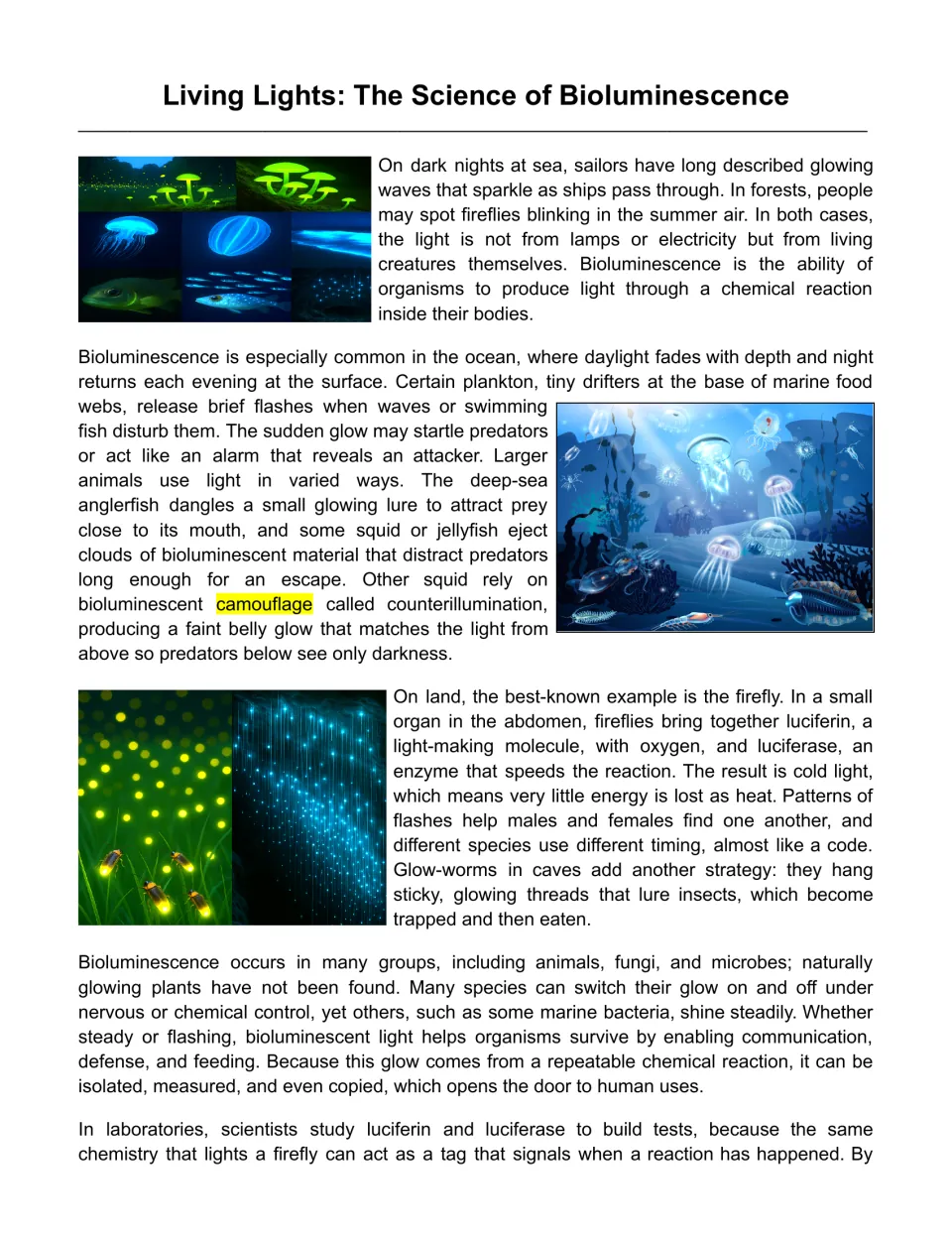 Living Lights passage on bioluminescence: students read how plankton, anglerfish, squid, fireflies and glow-worms make light
