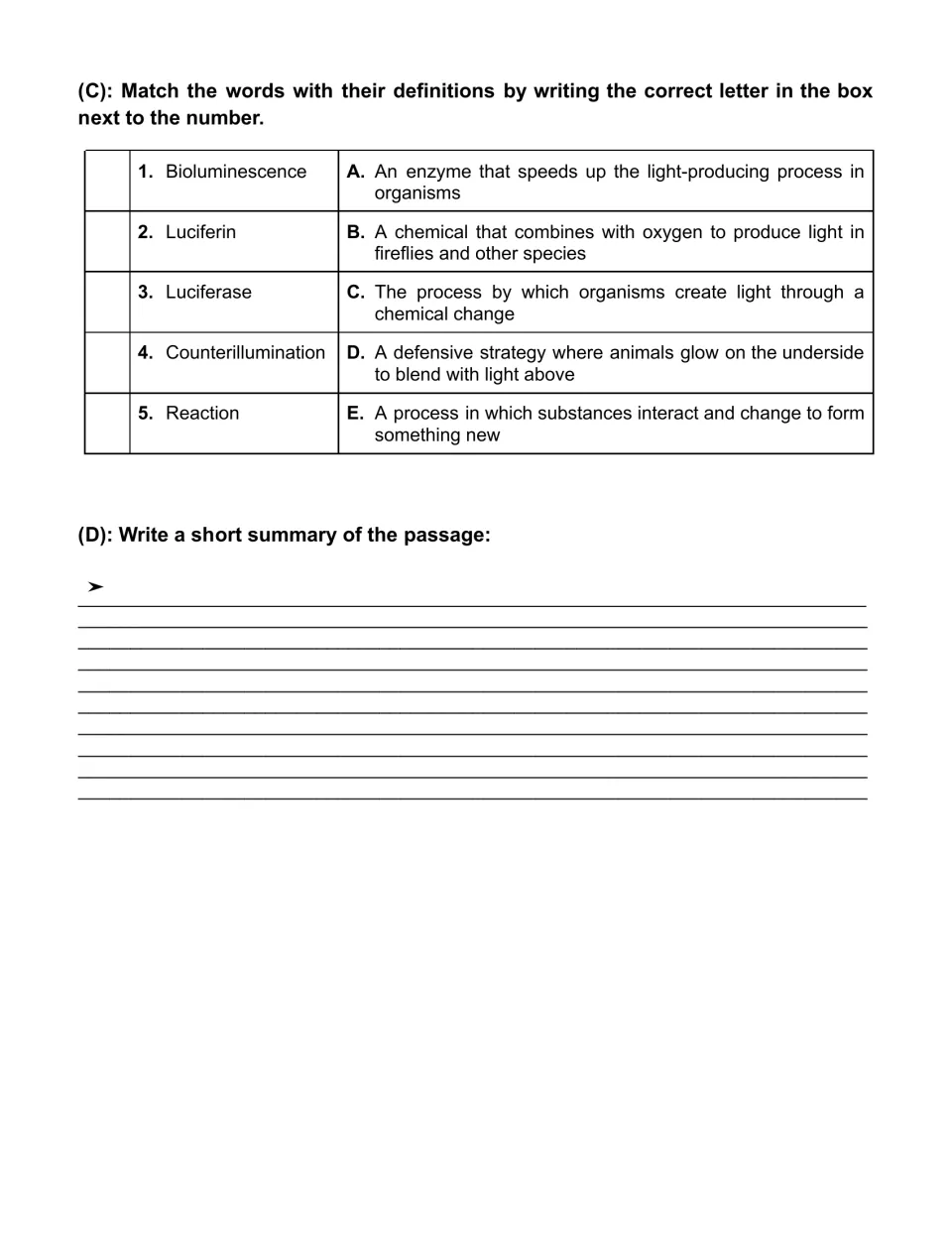 Vocabulary matching for bioluminescence, luciferin, luciferase, counterillumination and reaction, plus a summary task