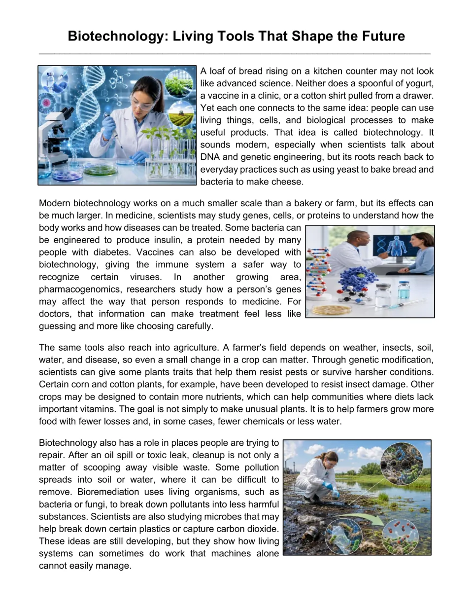Biotechnology reading passage: students read about bread, insulin, pest-resistant crops and bioremediation with photos