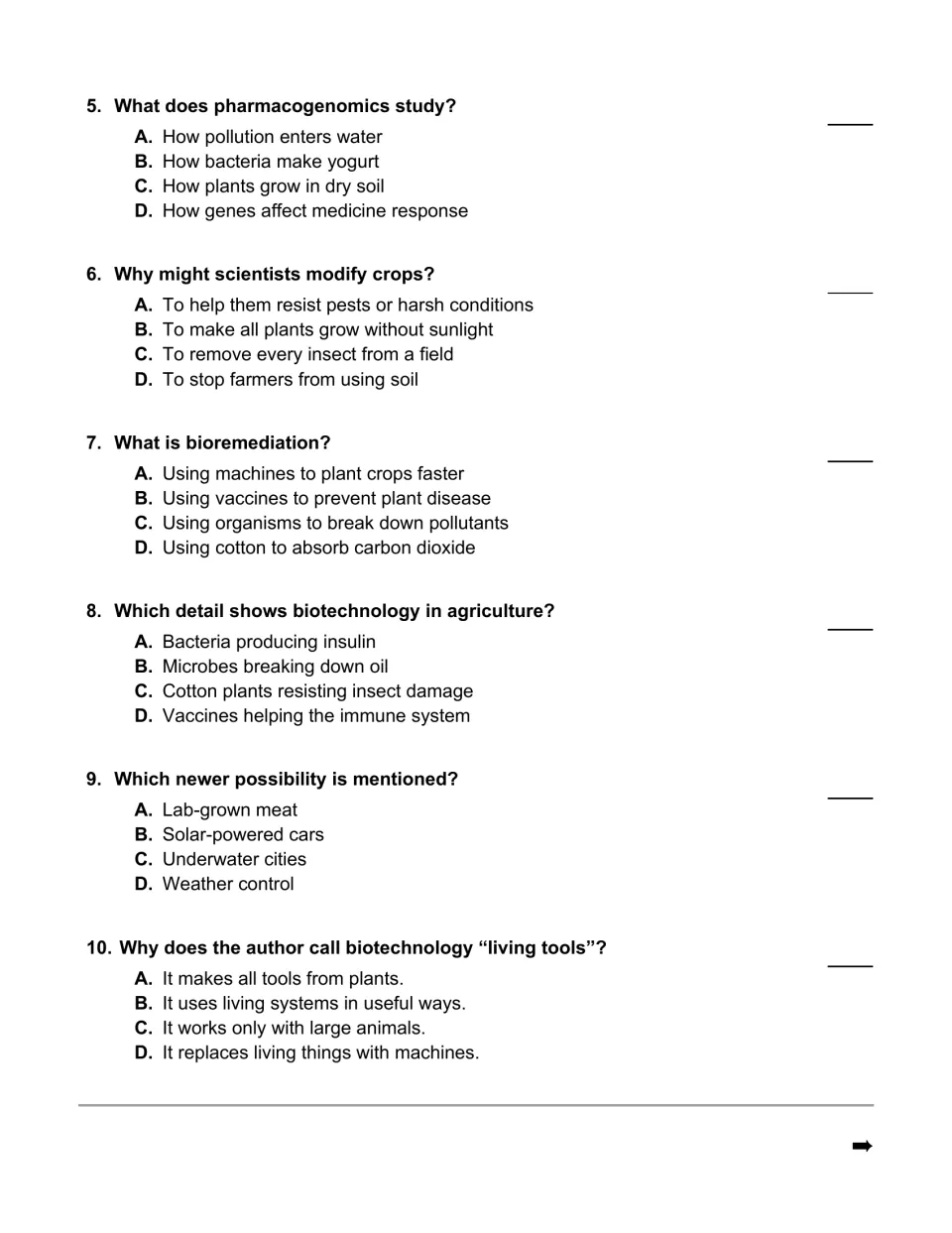 Multiple-choice questions 5-10 on pharmacogenomics, crop modification, bioremediation and the author's 'living tools' idea