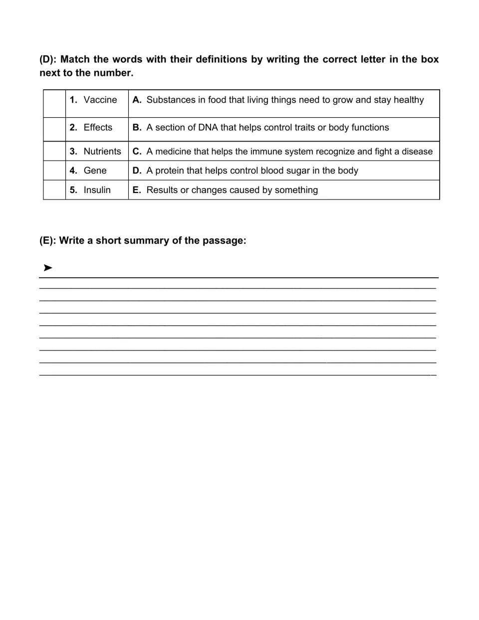 Vocabulary matching of vaccine, effects, nutrients, gene and insulin to definitions, then a short summary writing task