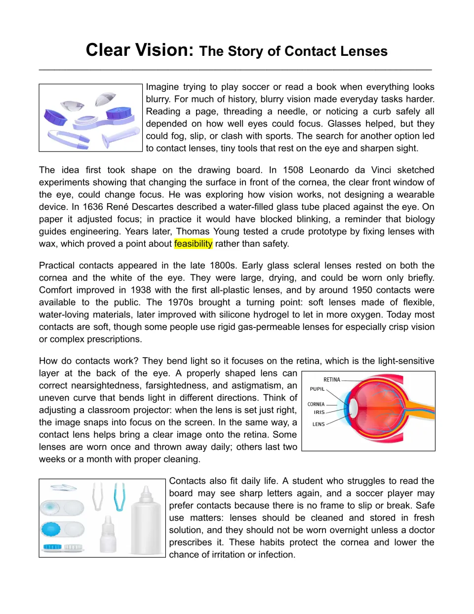 Clear Vision: The Story of Contact Lenses reading passage on lens history and how lenses focus light, with a labeled eye