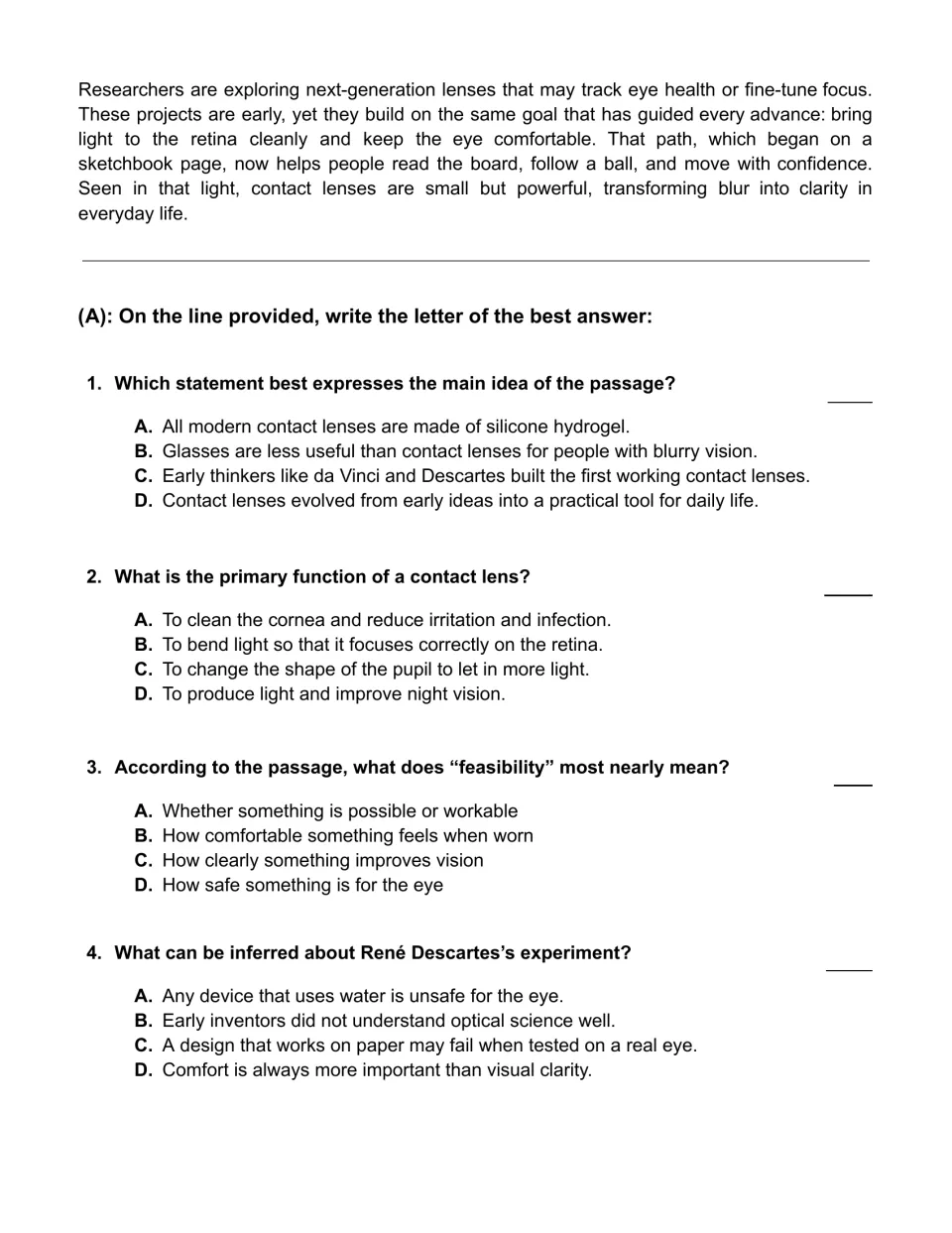 Contact lens passage ending, then students choose the best answer on main idea, lens function, vocabulary and inference