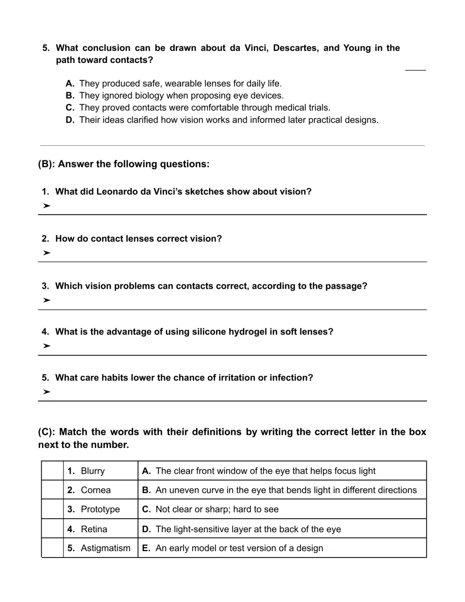 Contact lens questions: one conclusion item, five short answers, and matching terms like cornea and retina to meanings