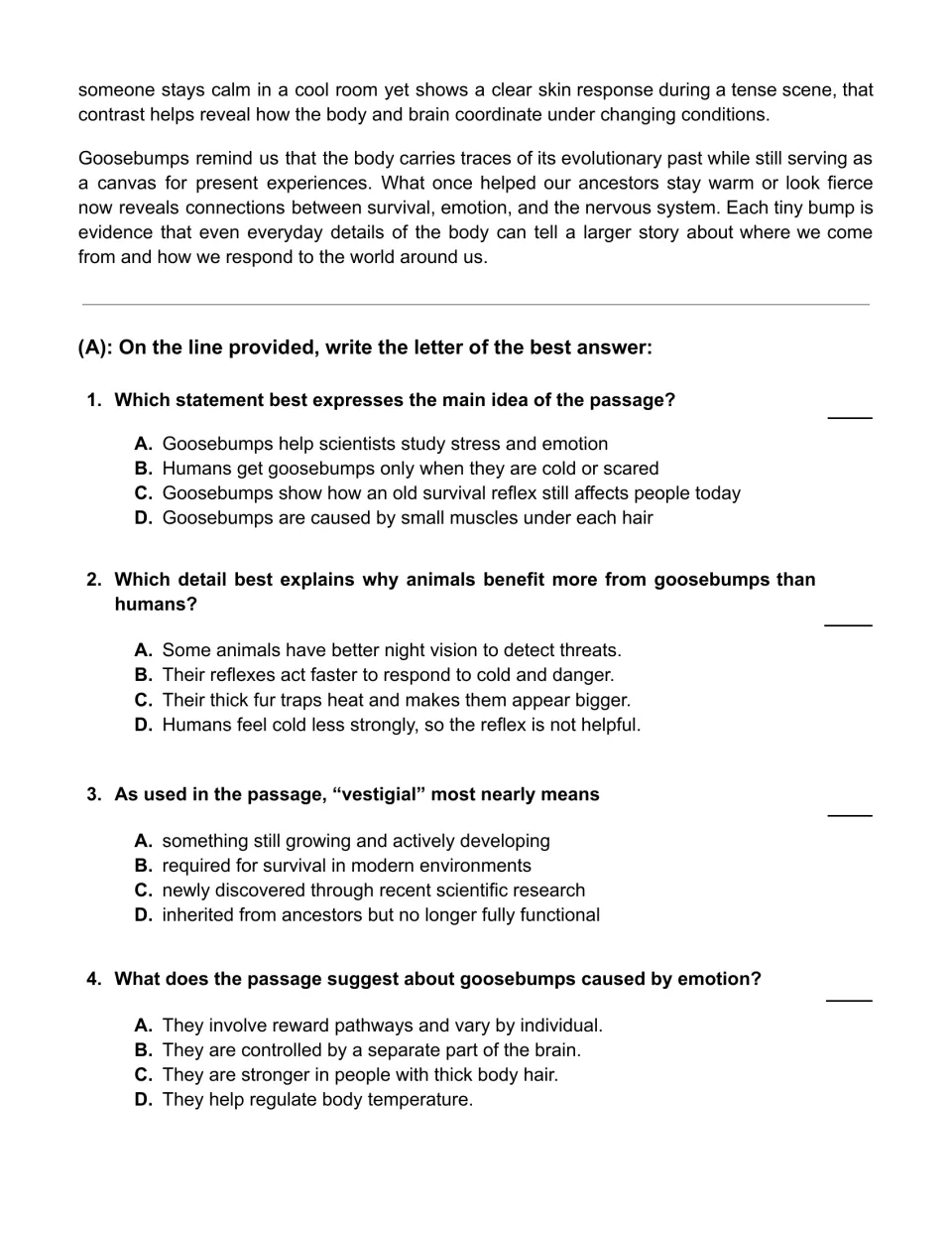 Goosebumps passage conclusion and multiple-choice questions 1–4 on main idea, animal benefits, and emotion.