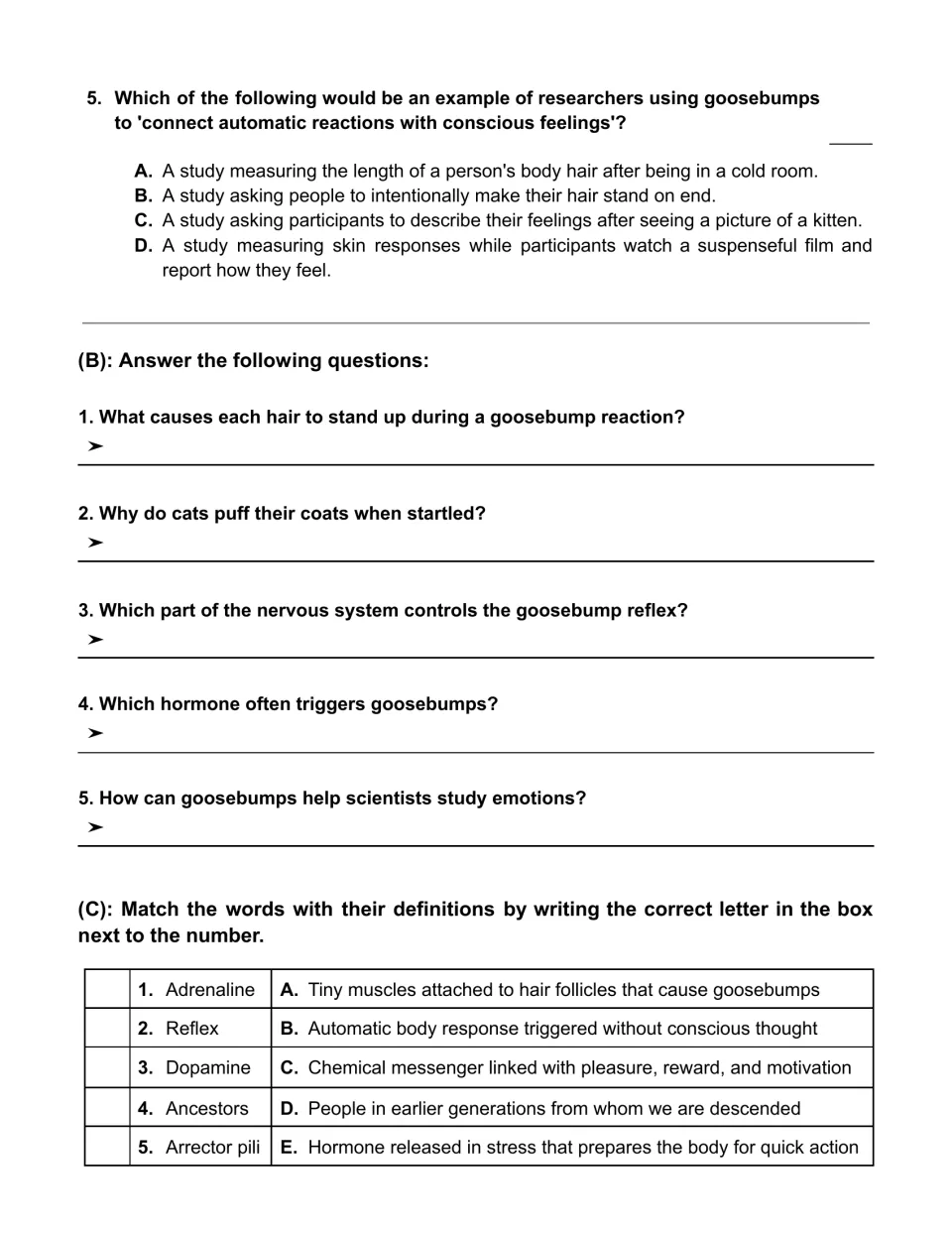 Goosebumps questions: multiple-choice item 5, five short-answer prompts, and five vocabulary matching items.