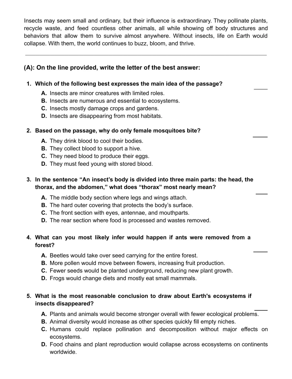 Multiple-choice reading comprehension: students answer 5 questions on main idea, vocabulary, inference and conclusions