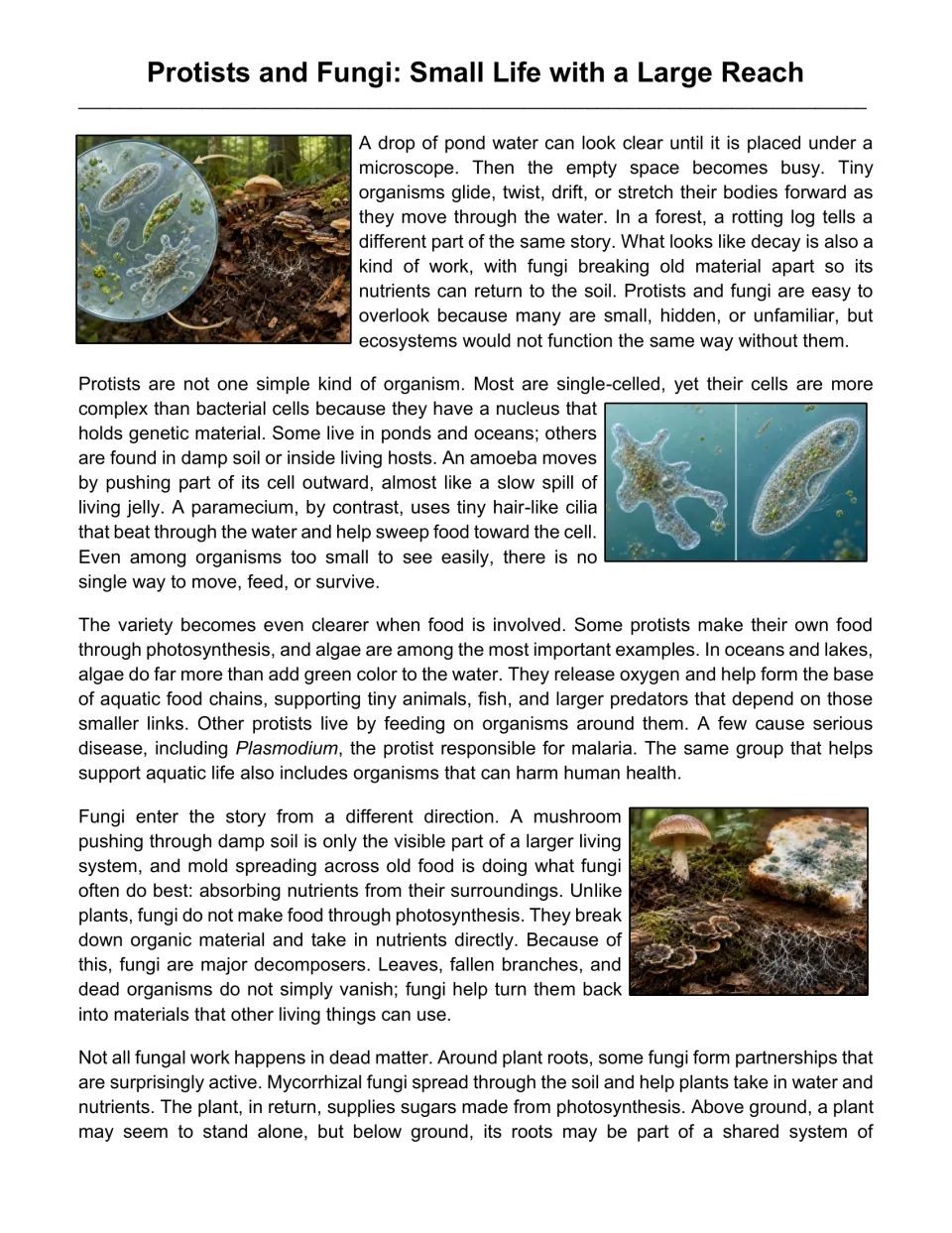 Reading passage opening: protist movement, algae, fungal decomposition, and partnerships with plant roots