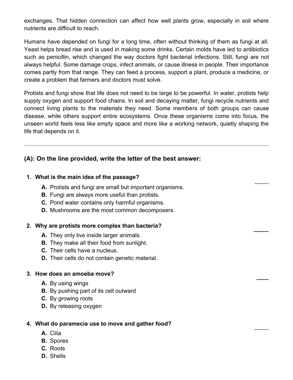 Passage conclusion and questions 1–4 on the main idea, protist nuclei, amoeba movement, and paramecium cilia