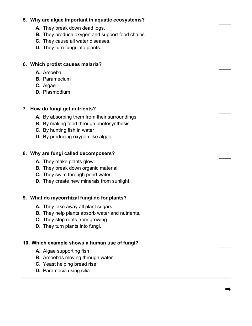 Multiple-choice questions 5–10 cover algae, malaria, fungal nutrition, decomposition, plant roots, and yeast