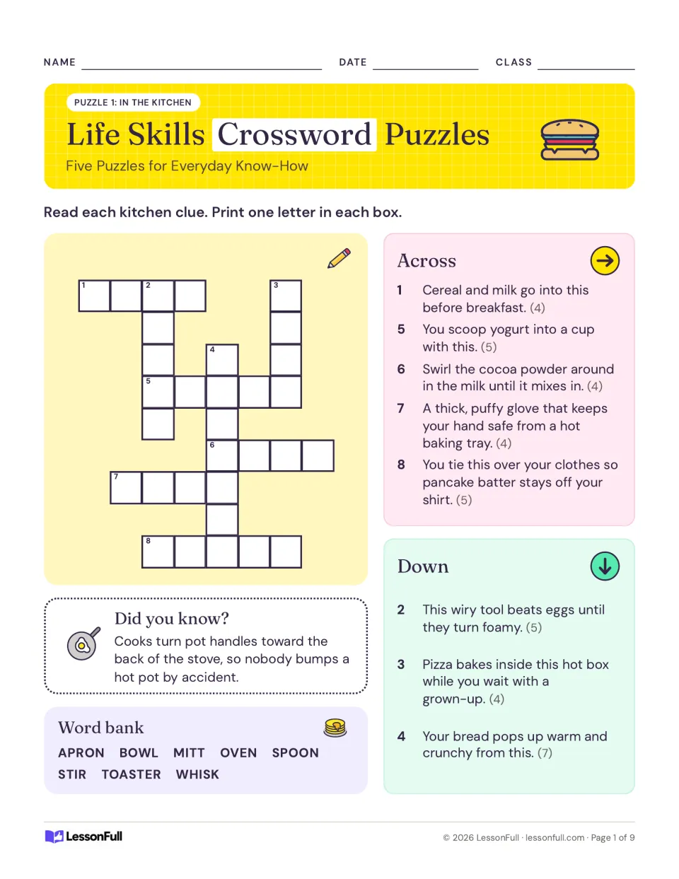 In the Kitchen crossword, puzzle 1 of 5: students solve clues for a bowl, spoon, whisk, oven and apron