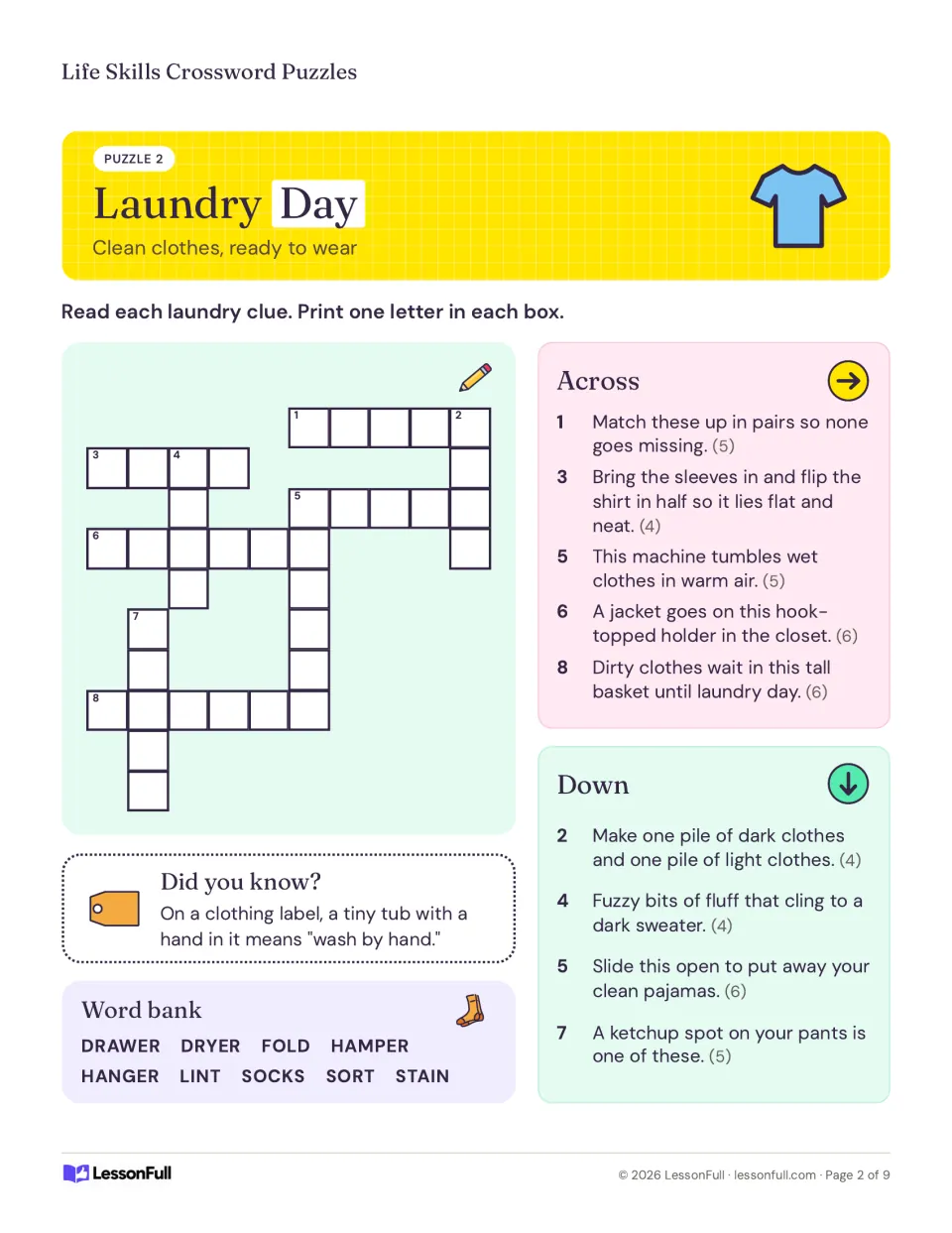 Laundry Day crossword: clues for socks, folding, a dryer, a hanger and a hamper, with a word bank