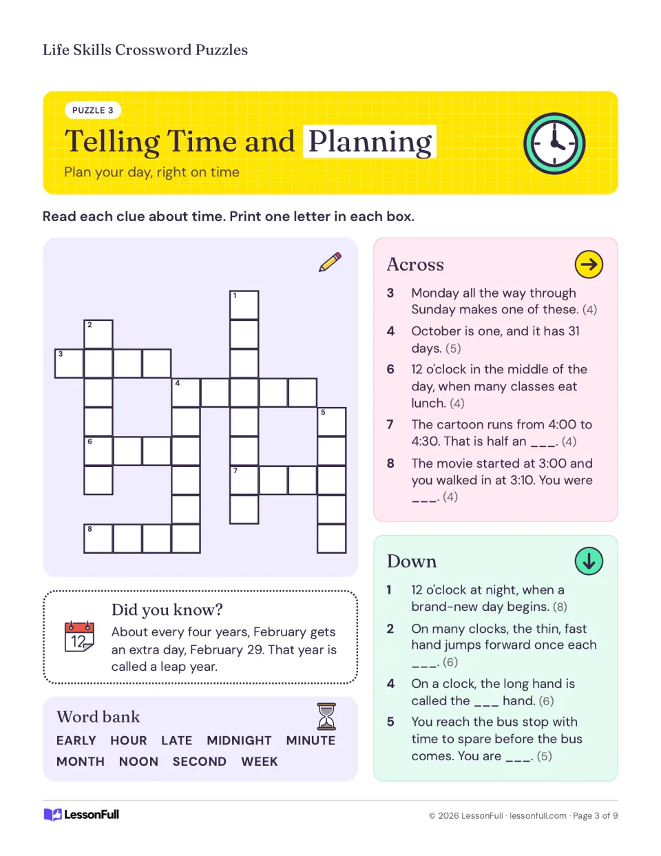 Telling Time and Planning crossword: clues for week, month, noon, midnight, minute hand and being early or late