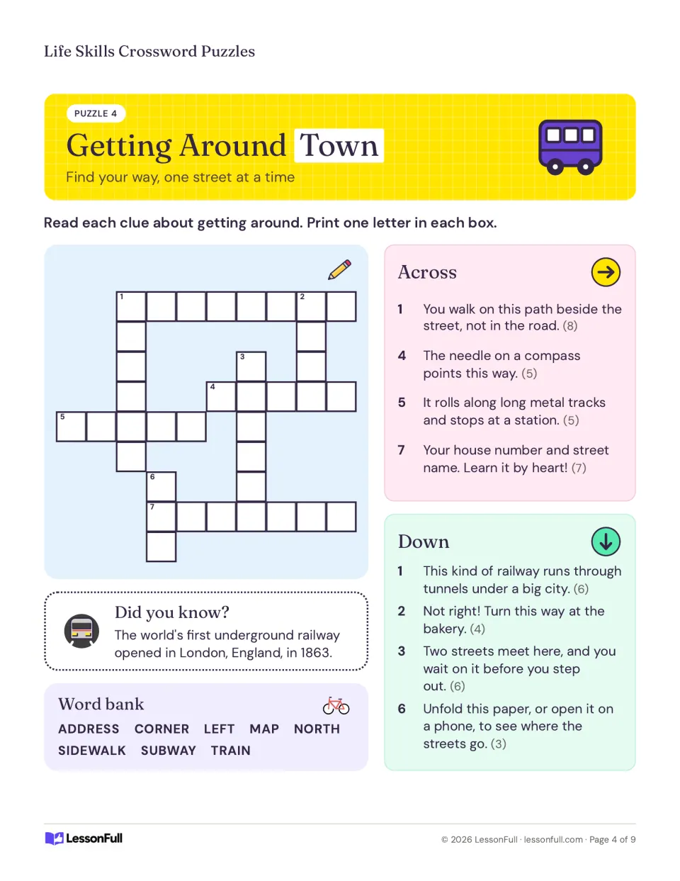 Getting Around Town crossword: clues for a sidewalk, compass north, train, home address and street corner