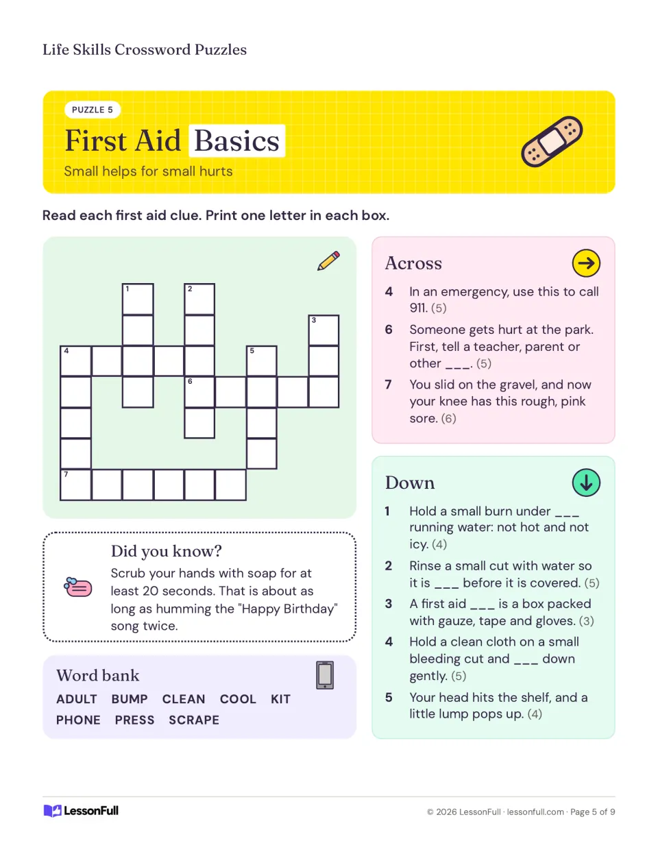 First Aid Basics crossword: clues on calling 911, telling an adult, cleaning a scrape and using a first aid kit