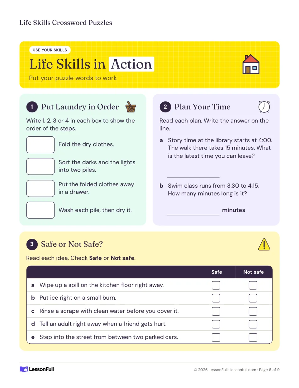 Life Skills in Action: students order laundry steps, work out time plans and mark ideas safe or not safe
