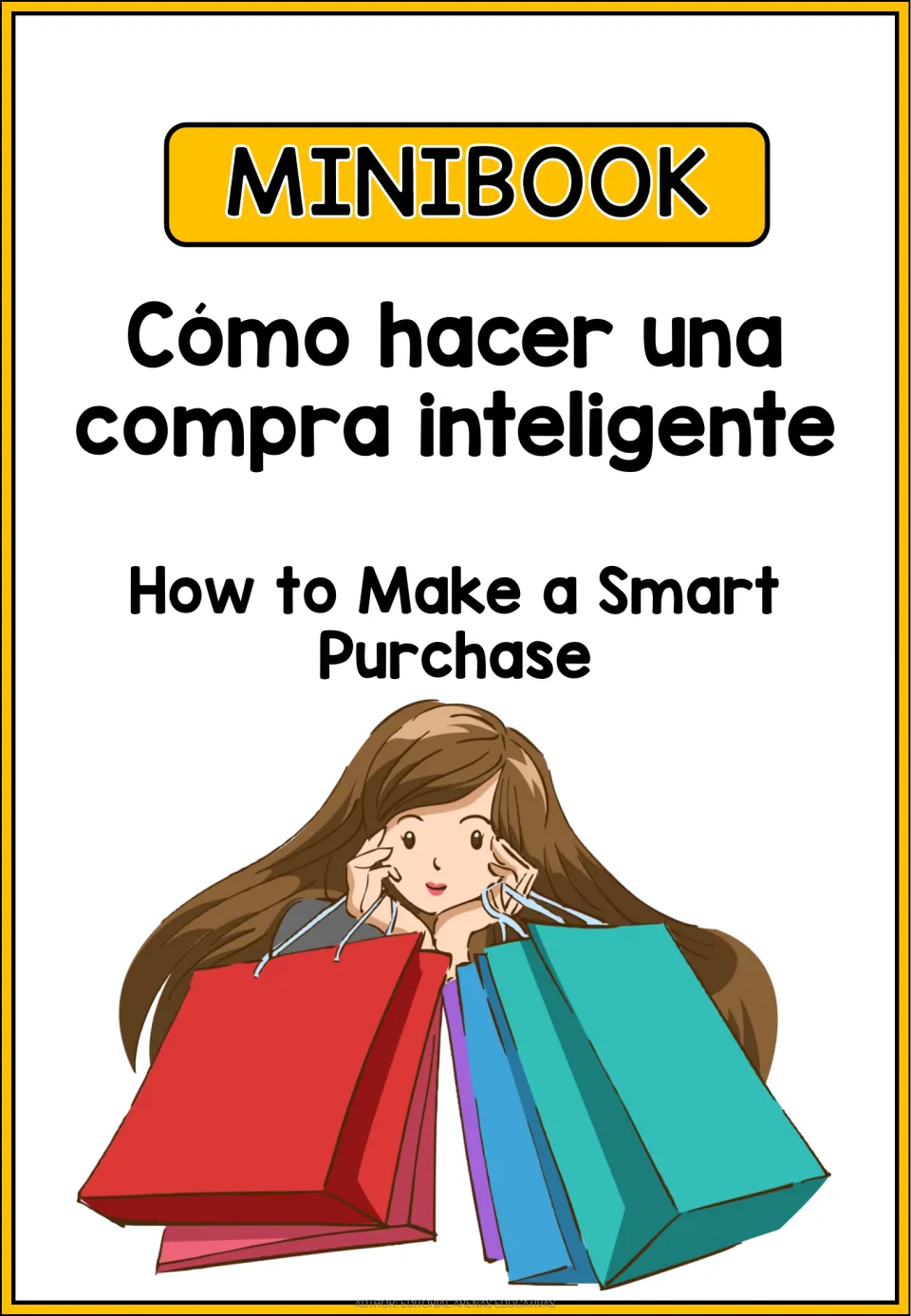 Minibook title page: 'Cómo hacer una compra inteligente' (How to Make a Smart Purchase), in both languages