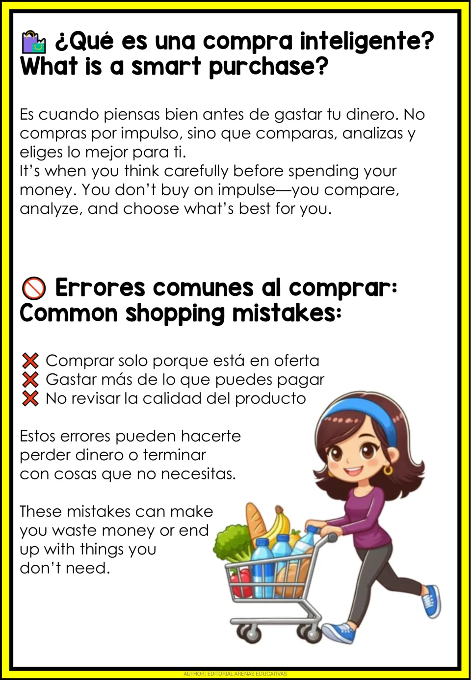 Smart purchasing lesson defines thoughtful spending and lists mistakes involving sales, budgets, and quality
