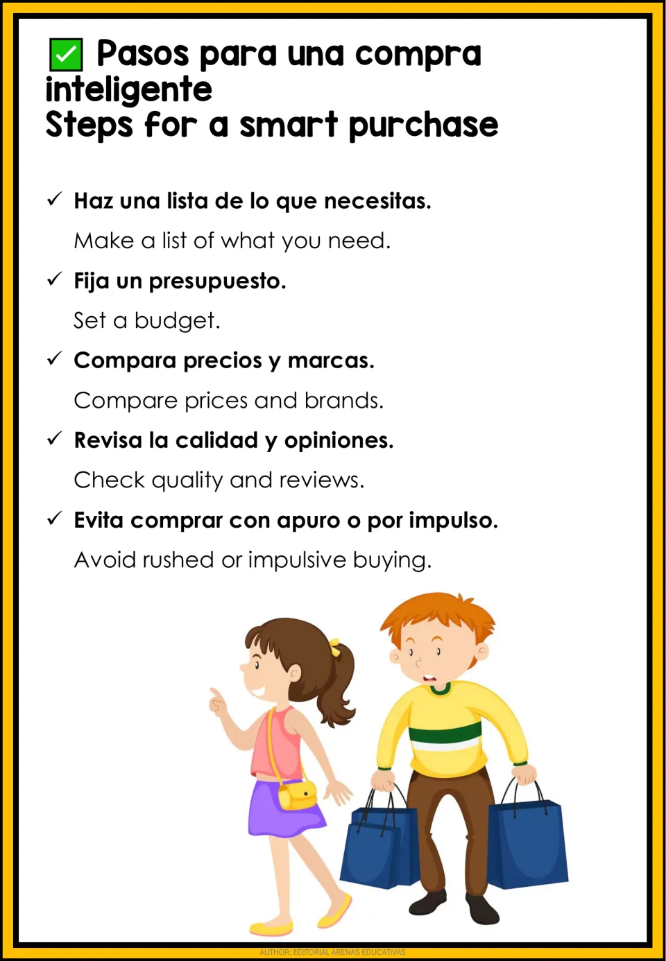 Bilingual checklist gives five smart purchasing steps, including making a list and comparing prices and brands