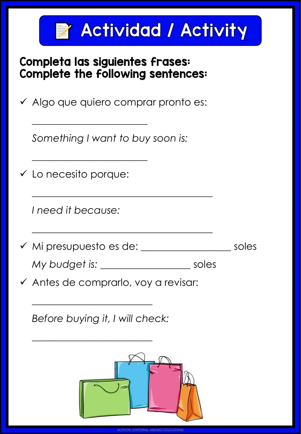 Bilingual sentence-completion activity asks what to buy, why it is needed, a budget in soles, and what to check
